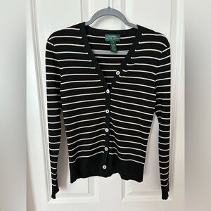 LAUREN Ralph 100% Silk Black/Off White Stripe Long Sleeve Cardigan